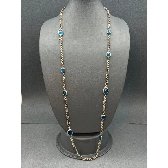 Chicos Long Necklace As Is Silver Chain Teal Blue Faceted Bezel Bead Retro BoHo - Picture 2 of 12